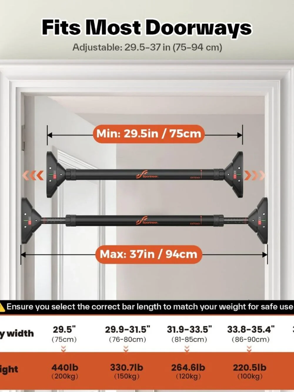 Adjustable Black Pull Up Bar 29.5-37 Inch Door Frame